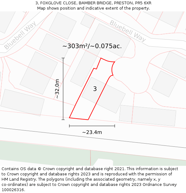 3, FOXGLOVE CLOSE, BAMBER BRIDGE, PRESTON, PR5 6XR: Plot and title map