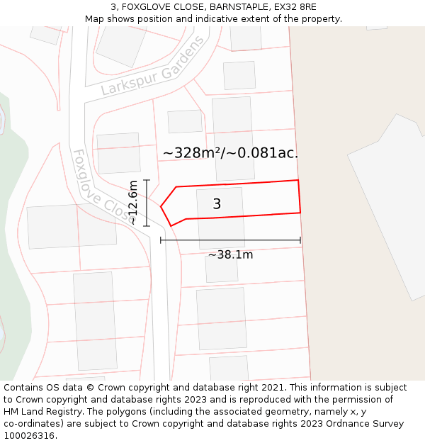 3, FOXGLOVE CLOSE, BARNSTAPLE, EX32 8RE: Plot and title map