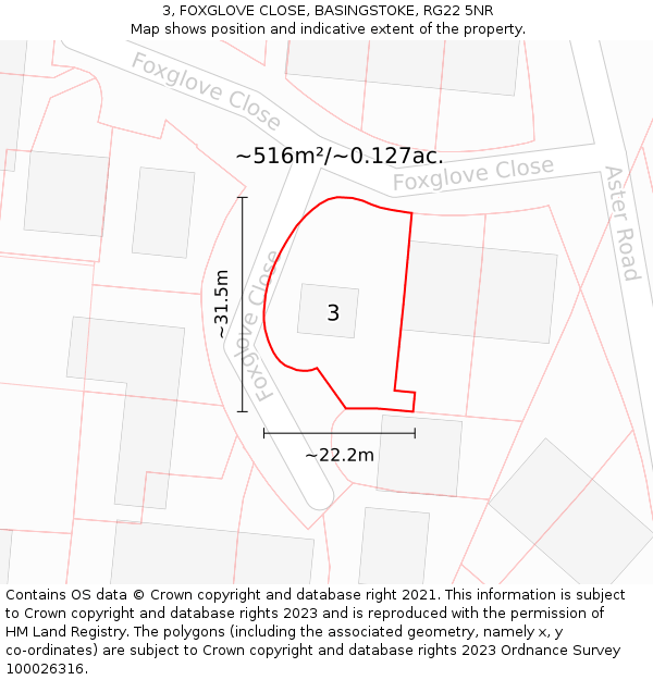 3, FOXGLOVE CLOSE, BASINGSTOKE, RG22 5NR: Plot and title map