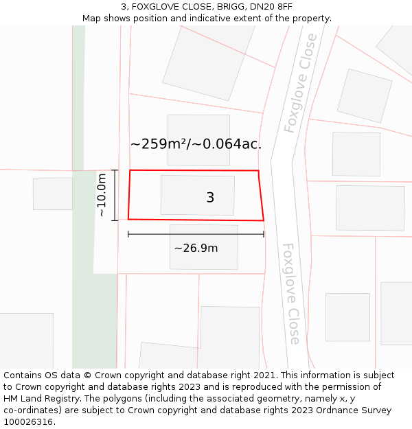 3, FOXGLOVE CLOSE, BRIGG, DN20 8FF: Plot and title map