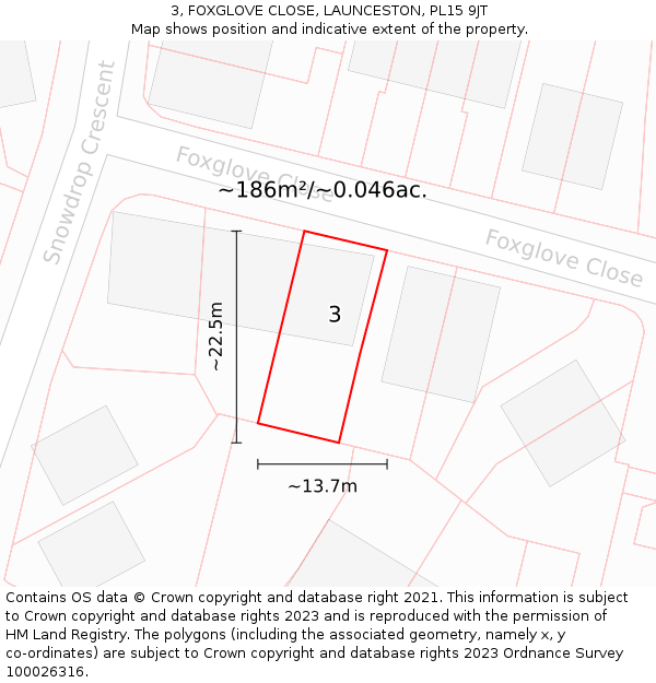 3, FOXGLOVE CLOSE, LAUNCESTON, PL15 9JT: Plot and title map