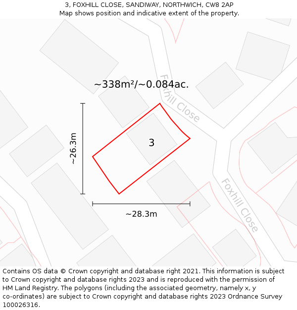 3, FOXHILL CLOSE, SANDIWAY, NORTHWICH, CW8 2AP: Plot and title map