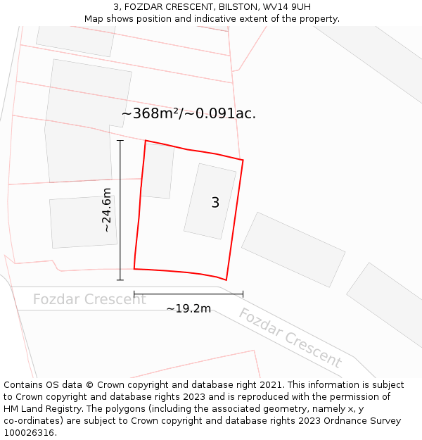 3, FOZDAR CRESCENT, BILSTON, WV14 9UH: Plot and title map