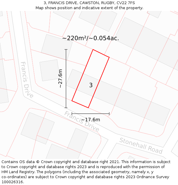 3, FRANCIS DRIVE, CAWSTON, RUGBY, CV22 7FS: Plot and title map