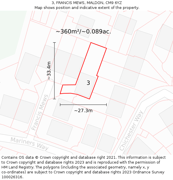 3, FRANCIS MEWS, MALDON, CM9 6YZ: Plot and title map