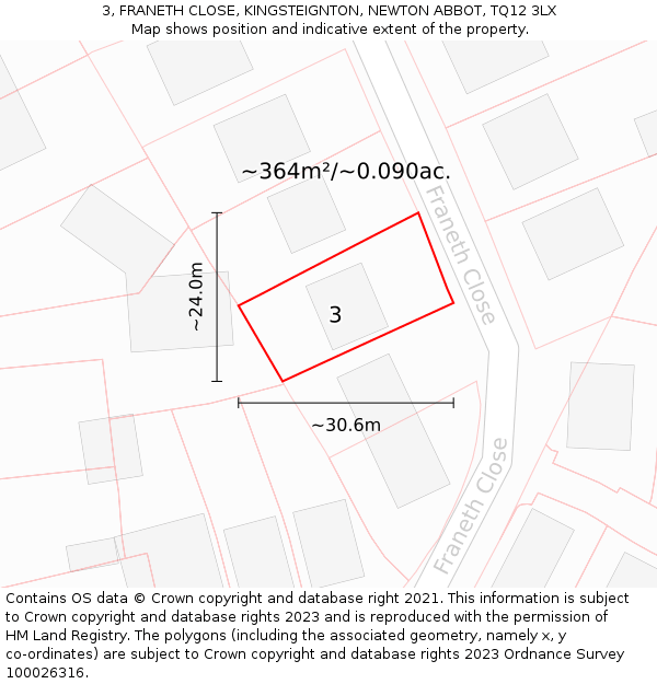 3, FRANETH CLOSE, KINGSTEIGNTON, NEWTON ABBOT, TQ12 3LX: Plot and title map