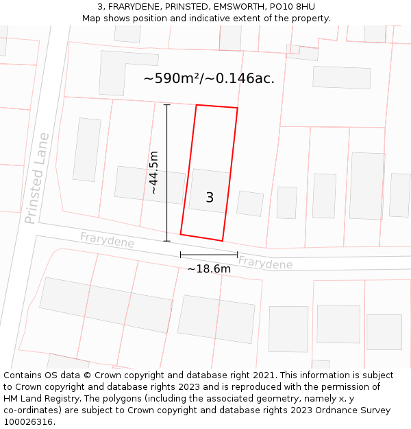 3, FRARYDENE, PRINSTED, EMSWORTH, PO10 8HU: Plot and title map