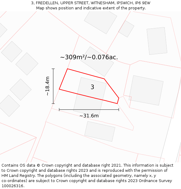 3, FREDELLEN, UPPER STREET, WITNESHAM, IPSWICH, IP6 9EW: Plot and title map