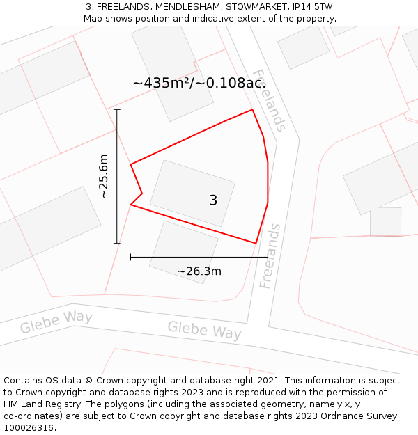 3, FREELANDS, MENDLESHAM, STOWMARKET, IP14 5TW: Plot and title map