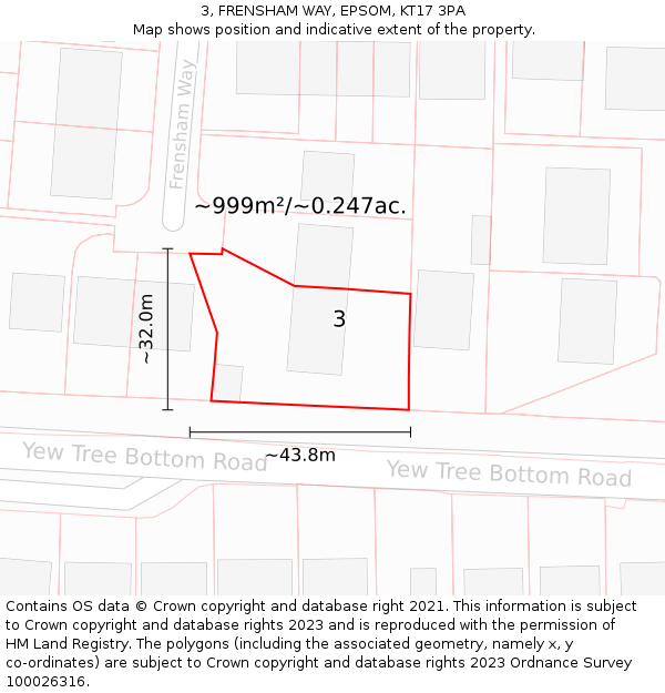 3, FRENSHAM WAY, EPSOM, KT17 3PA: Plot and title map