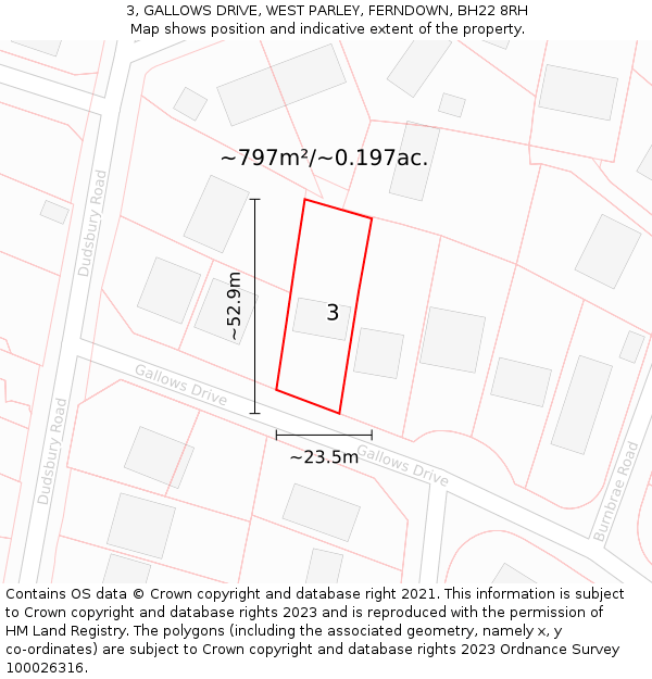 3, GALLOWS DRIVE, WEST PARLEY, FERNDOWN, BH22 8RH: Plot and title map