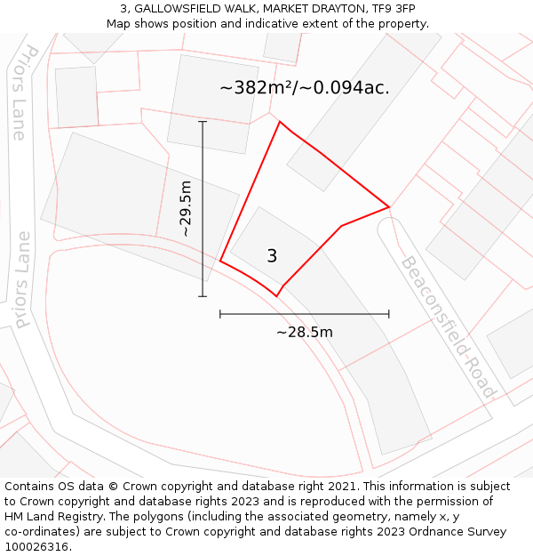3, GALLOWSFIELD WALK, MARKET DRAYTON, TF9 3FP: Plot and title map
