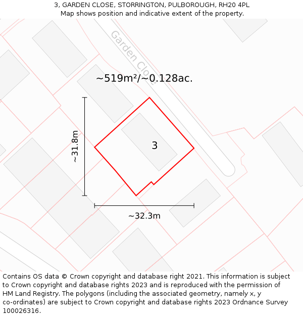 3, GARDEN CLOSE, STORRINGTON, PULBOROUGH, RH20 4PL: Plot and title map