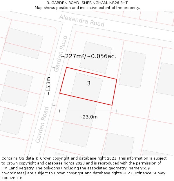 3, GARDEN ROAD, SHERINGHAM, NR26 8HT: Plot and title map
