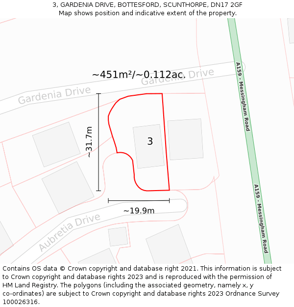 3, GARDENIA DRIVE, BOTTESFORD, SCUNTHORPE, DN17 2GF: Plot and title map