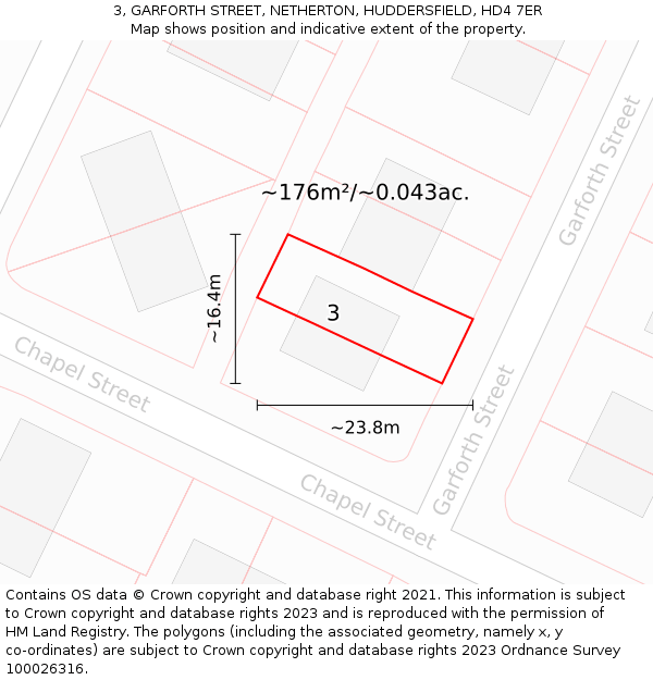 3, GARFORTH STREET, NETHERTON, HUDDERSFIELD, HD4 7ER: Plot and title map