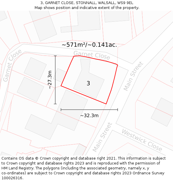 3, GARNET CLOSE, STONNALL, WALSALL, WS9 9EL: Plot and title map