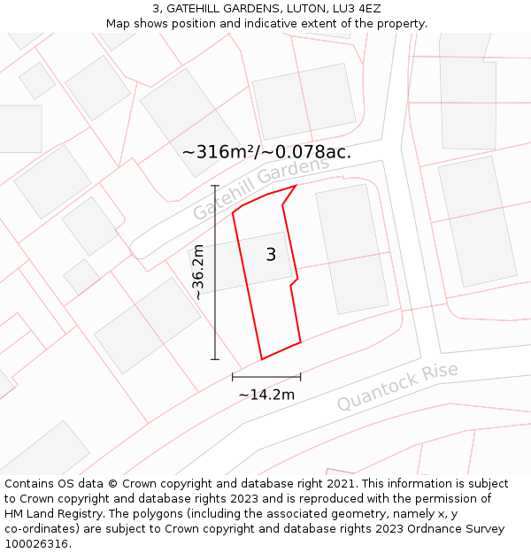 3, GATEHILL GARDENS, LUTON, LU3 4EZ: Plot and title map