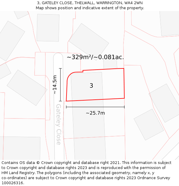3, GATELEY CLOSE, THELWALL, WARRINGTON, WA4 2WN: Plot and title map