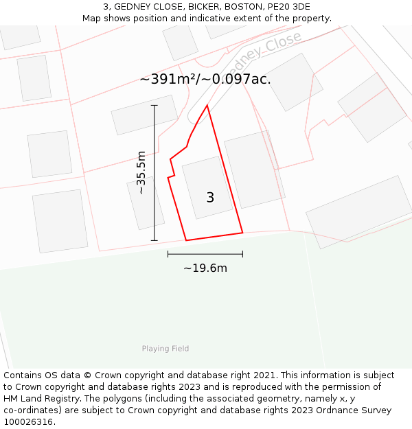 3, GEDNEY CLOSE, BICKER, BOSTON, PE20 3DE: Plot and title map
