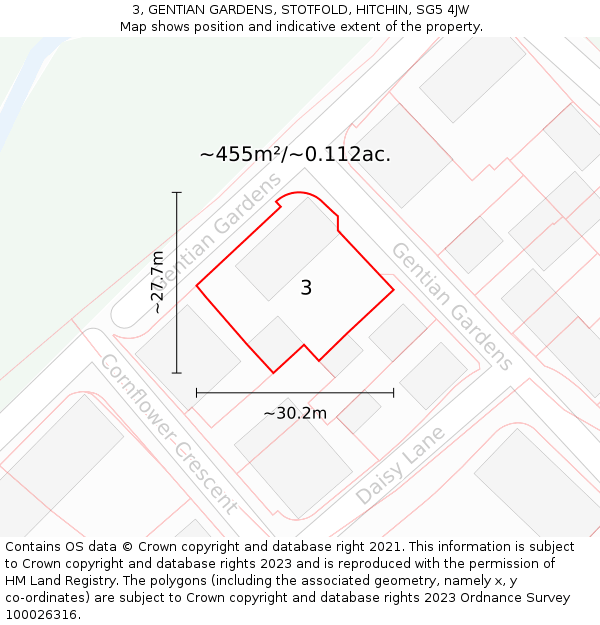 3, GENTIAN GARDENS, STOTFOLD, HITCHIN, SG5 4JW: Plot and title map