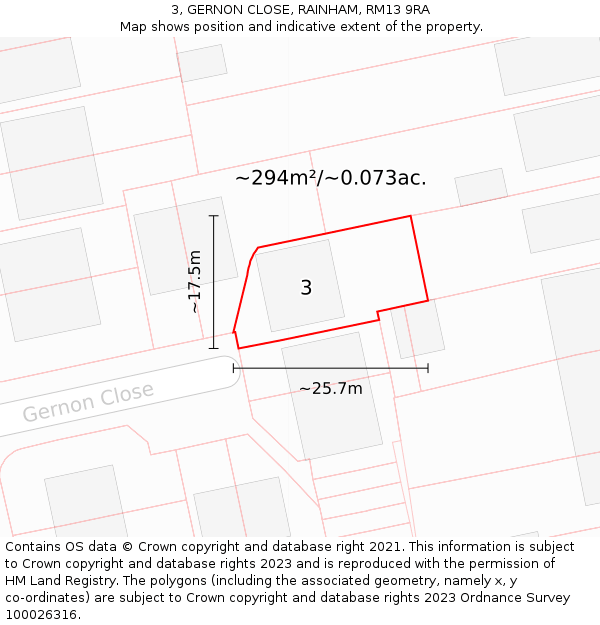 3, GERNON CLOSE, RAINHAM, RM13 9RA: Plot and title map