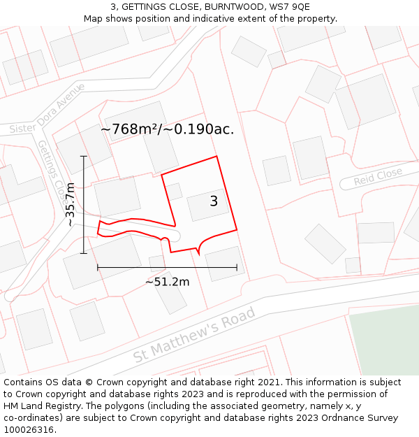 3, GETTINGS CLOSE, BURNTWOOD, WS7 9QE: Plot and title map