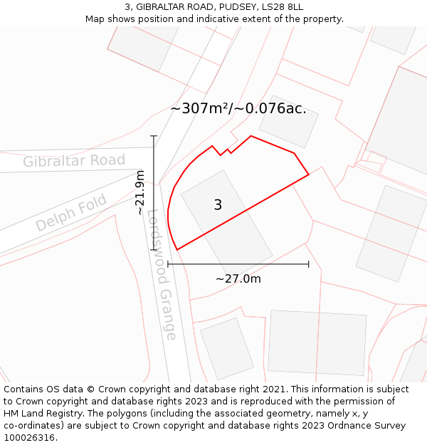 3, GIBRALTAR ROAD, PUDSEY, LS28 8LL: Plot and title map
