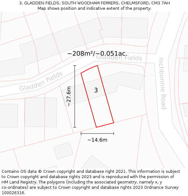 3, GLADDEN FIELDS, SOUTH WOODHAM FERRERS, CHELMSFORD, CM3 7AH: Plot and title map