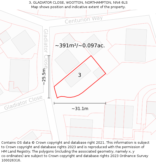 3, GLADIATOR CLOSE, WOOTTON, NORTHAMPTON, NN4 6LS: Plot and title map