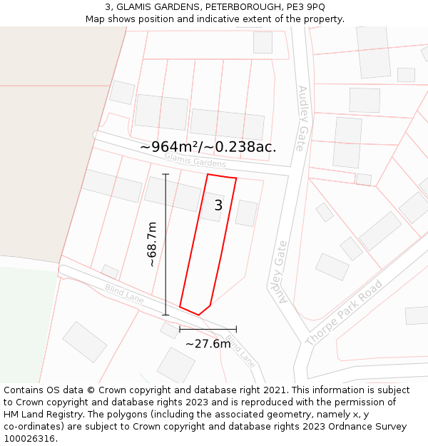 3, GLAMIS GARDENS, PETERBOROUGH, PE3 9PQ: Plot and title map