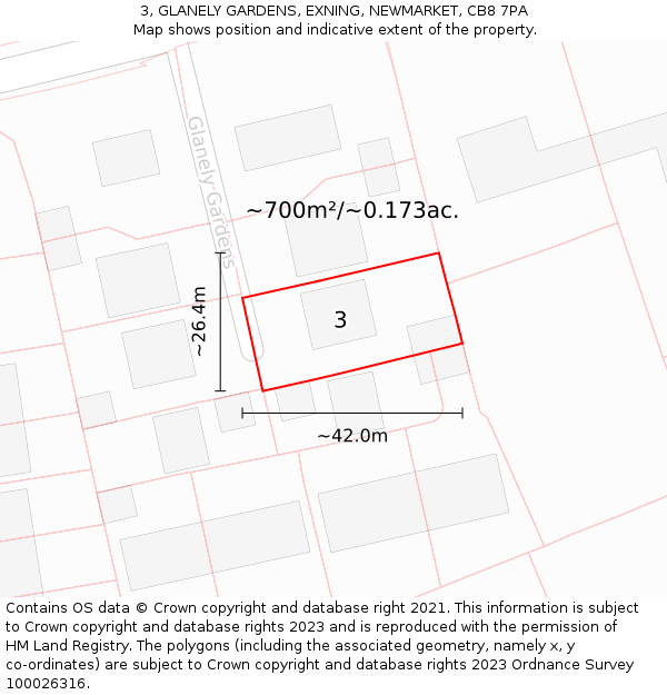 3, GLANELY GARDENS, EXNING, NEWMARKET, CB8 7PA: Plot and title map