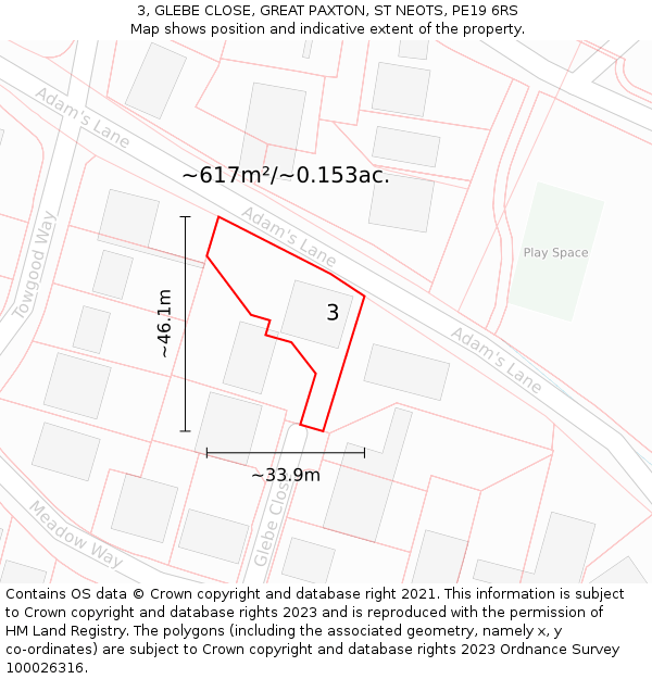3, GLEBE CLOSE, GREAT PAXTON, ST NEOTS, PE19 6RS: Plot and title map