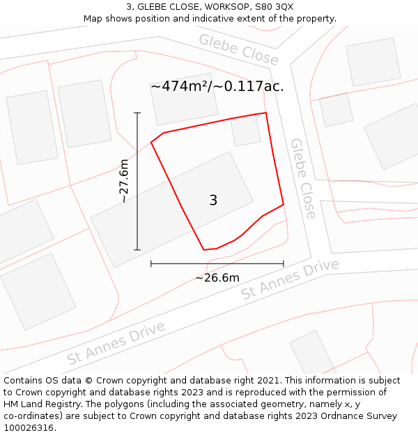 3, GLEBE CLOSE, WORKSOP, S80 3QX: Plot and title map