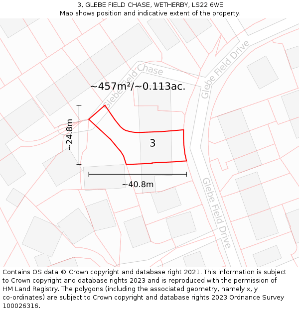 3, GLEBE FIELD CHASE, WETHERBY, LS22 6WE: Plot and title map