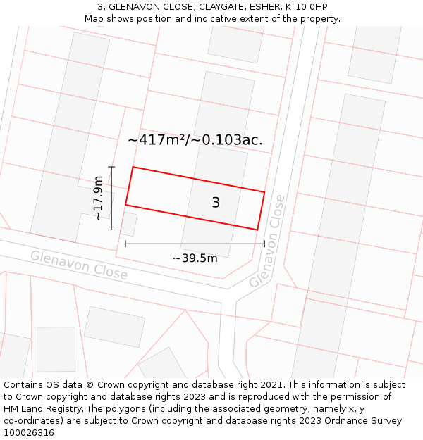 3, GLENAVON CLOSE, CLAYGATE, ESHER, KT10 0HP: Plot and title map