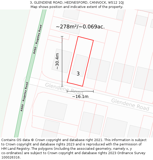 3, GLENDENE ROAD, HEDNESFORD, CANNOCK, WS12 1QJ: Plot and title map