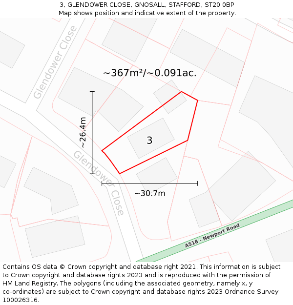 3, GLENDOWER CLOSE, GNOSALL, STAFFORD, ST20 0BP: Plot and title map