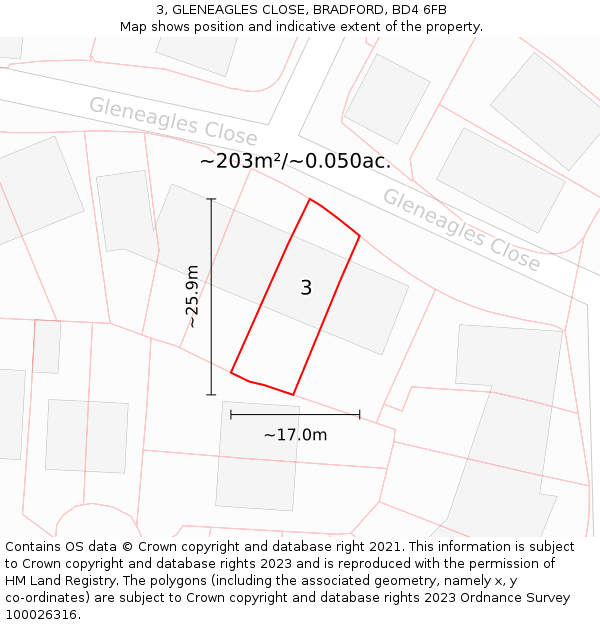 3, GLENEAGLES CLOSE, BRADFORD, BD4 6FB: Plot and title map