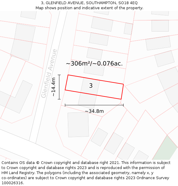 3, GLENFIELD AVENUE, SOUTHAMPTON, SO18 4EQ: Plot and title map