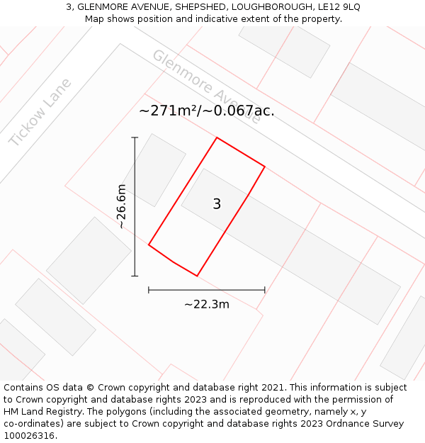 3, GLENMORE AVENUE, SHEPSHED, LOUGHBOROUGH, LE12 9LQ: Plot and title map