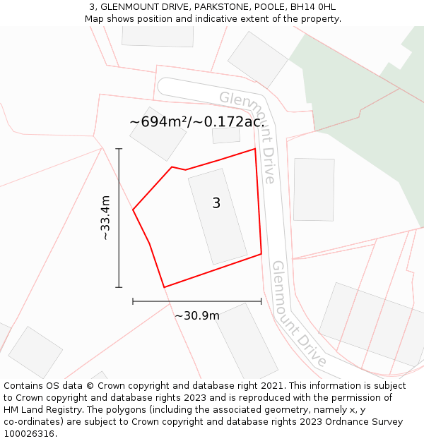 3, GLENMOUNT DRIVE, PARKSTONE, POOLE, BH14 0HL: Plot and title map