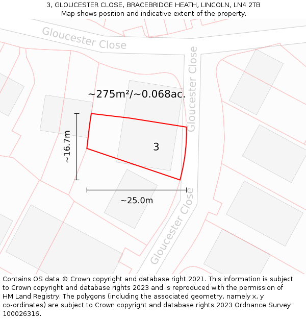 3, GLOUCESTER CLOSE, BRACEBRIDGE HEATH, LINCOLN, LN4 2TB: Plot and title map