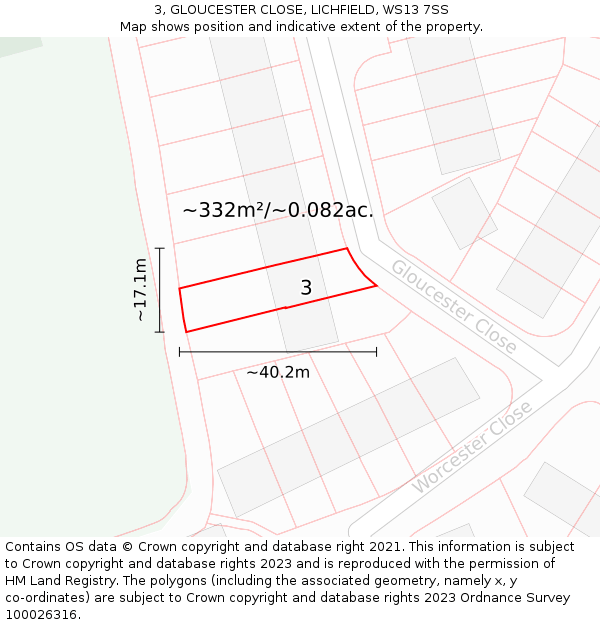 3, GLOUCESTER CLOSE, LICHFIELD, WS13 7SS: Plot and title map