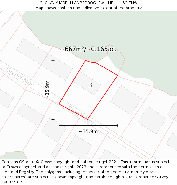 3, GLYN Y MOR, LLANBEDROG, PWLLHELI, LL53 7NW: Plot and title map