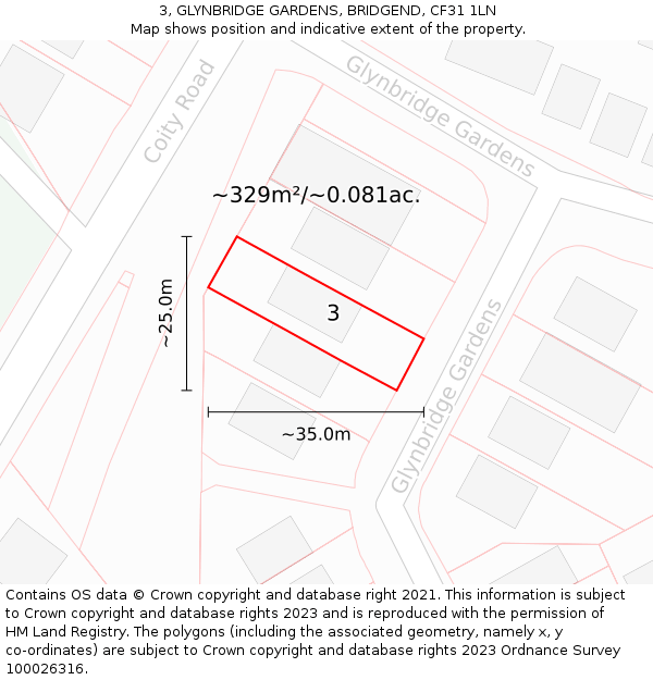 3, GLYNBRIDGE GARDENS, BRIDGEND, CF31 1LN: Plot and title map