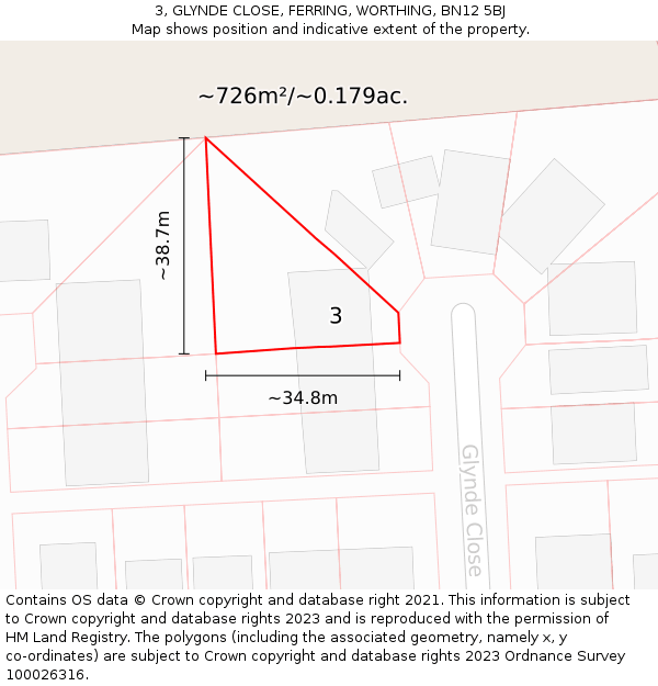 3, GLYNDE CLOSE, FERRING, WORTHING, BN12 5BJ: Plot and title map