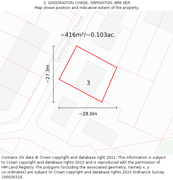 3, GODDINGTON CHASE, ORPINGTON, BR6 9EA: Plot and title map