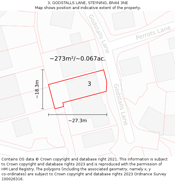 3, GODSTALLS LANE, STEYNING, BN44 3NE: Plot and title map