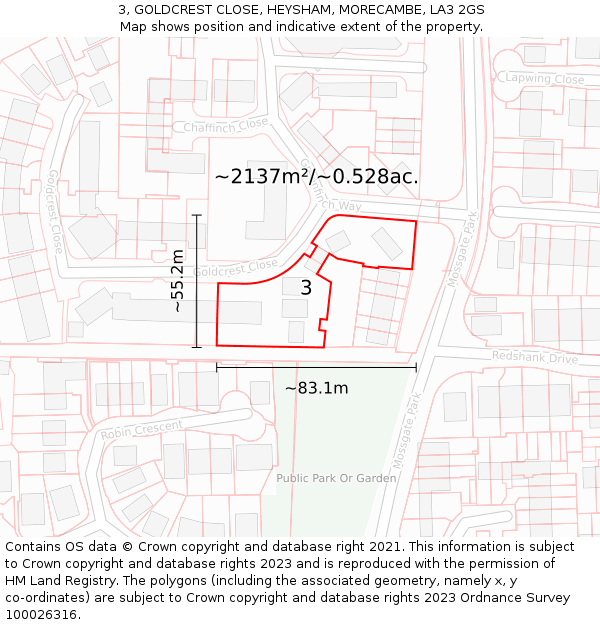 3, GOLDCREST CLOSE, HEYSHAM, MORECAMBE, LA3 2GS: Plot and title map